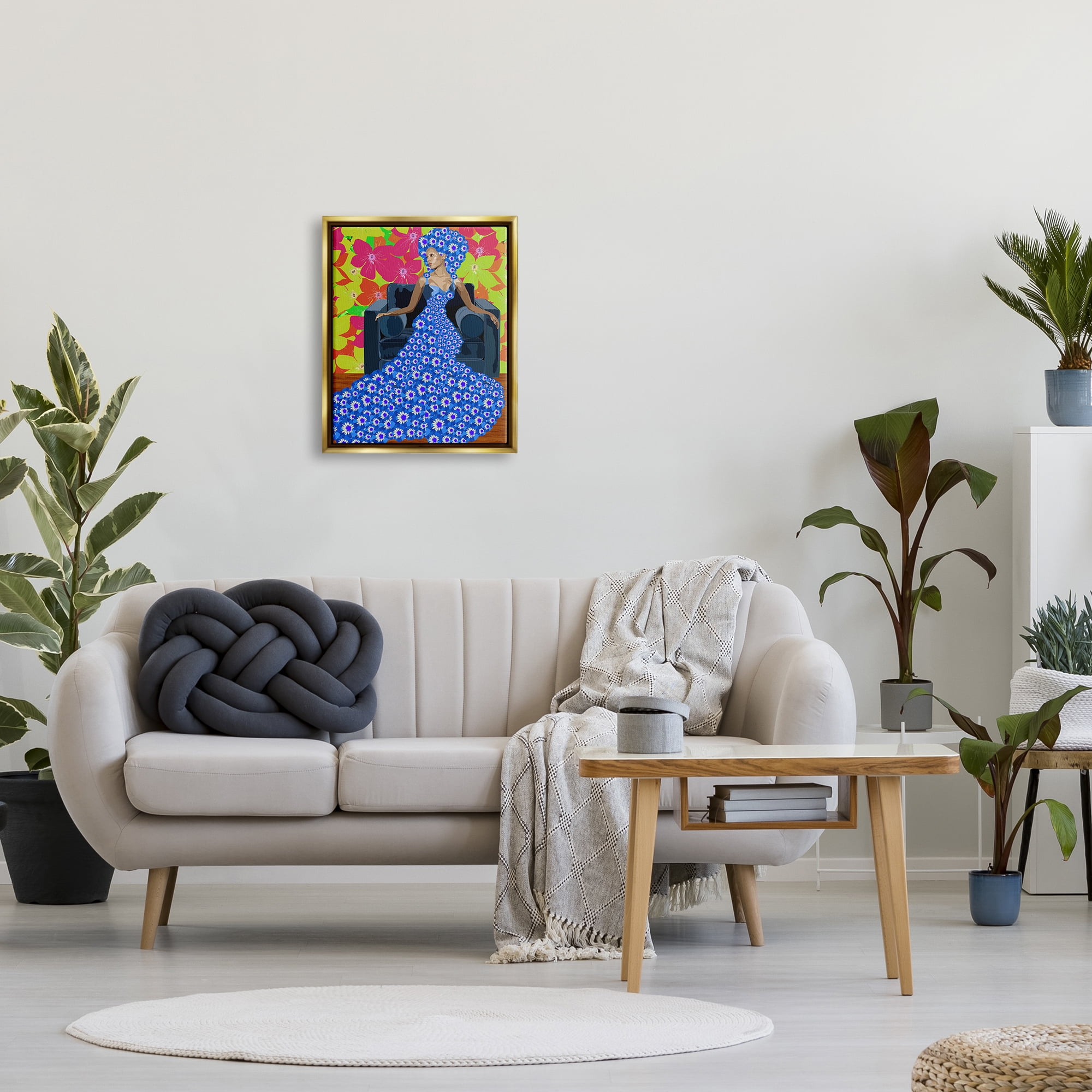 Stupell Industries Woman In Blue Retro Floral Pattern Botanical & Floral Painting Gold Floater Framed Art Print Wall Art