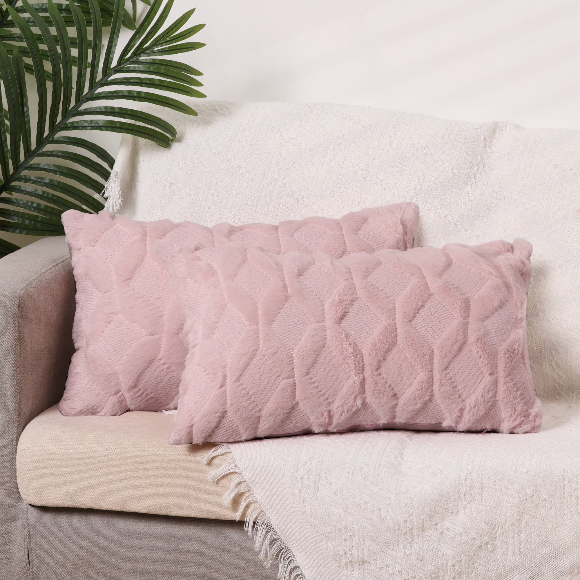 Unique Bargains Short Plush Solid Living Room Decorative Pillow Covers (2 Count) Pink 12" x 20"