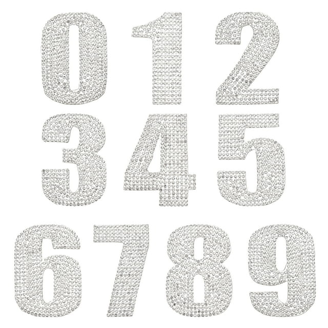 Uxcell 1 Set Calcomanías de Números Autoadhesivas de Rhinestone Parches de Números Medianos Bordados Aplicaciones para Manualidades DIY Decoraciones de Ropa, Blanco 0-9