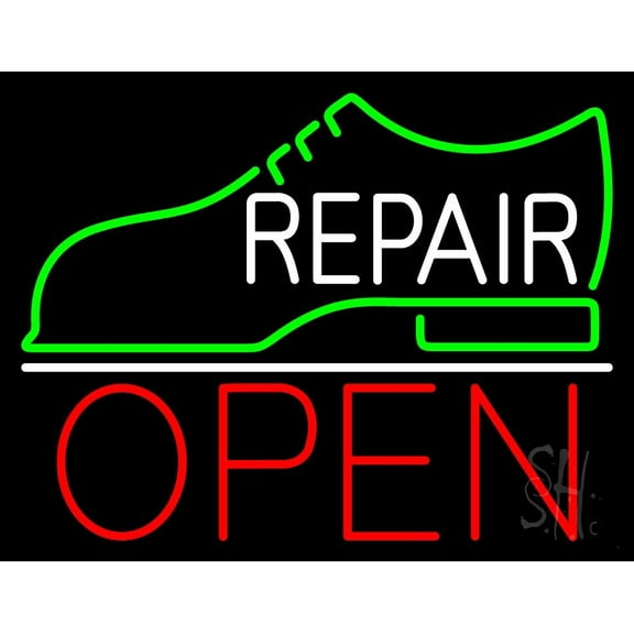 White Repair Shoe Logo Open LED Neon Sign 15 x 19 - inches, Black Square Cut Acrylic Backing, with Dimmer - Bright and Premium built indoor LED Neon Sign for store interior Décor, Storefront.