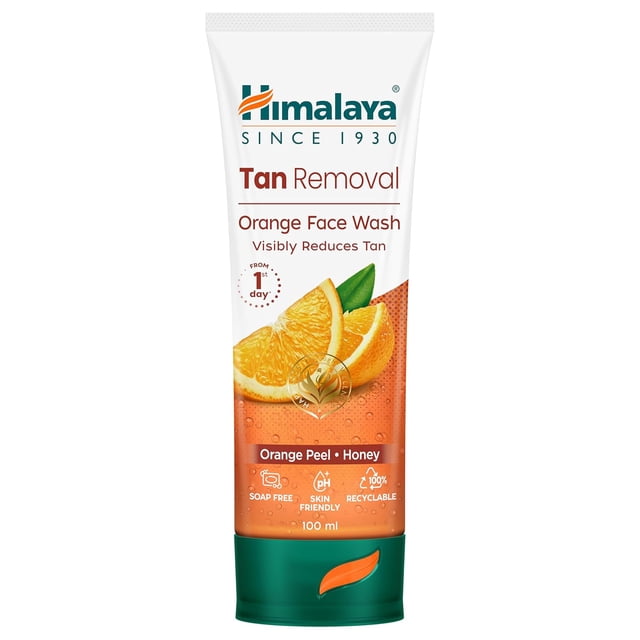 Himalaya Tan Removal Orange Face Wash, 100ml each, pack of 2. A white tube with orange and green accents highlights orange peel and honey as key ingredients. This facial cleanser reduces tan, deeply cleanses, tones, exfoliates, and moisturizes skin with natural extracts like papain and honey.