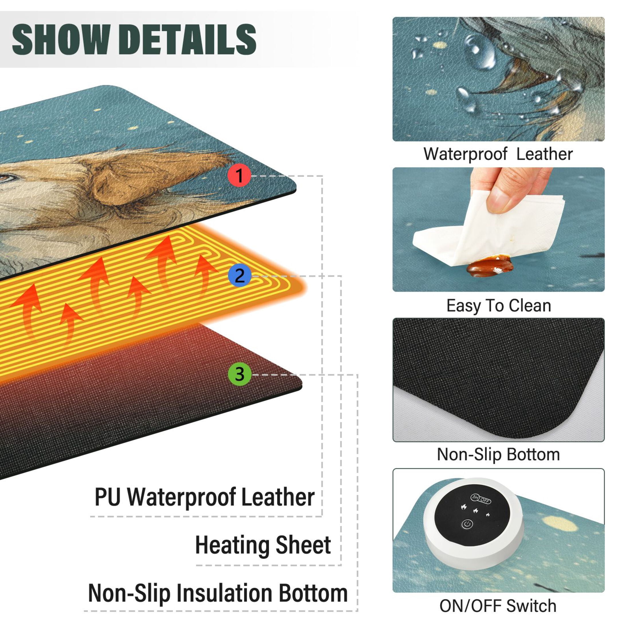 Large Heated Desk Mat Mouse Pad 31.5"x13"PU Leather Graphene Heating Desk Warmer with 3 Temperature Settings 110V US Plug Non-Slip Warm Pad for Home, Office, and Gaming Butterfly Kisses for A Pup