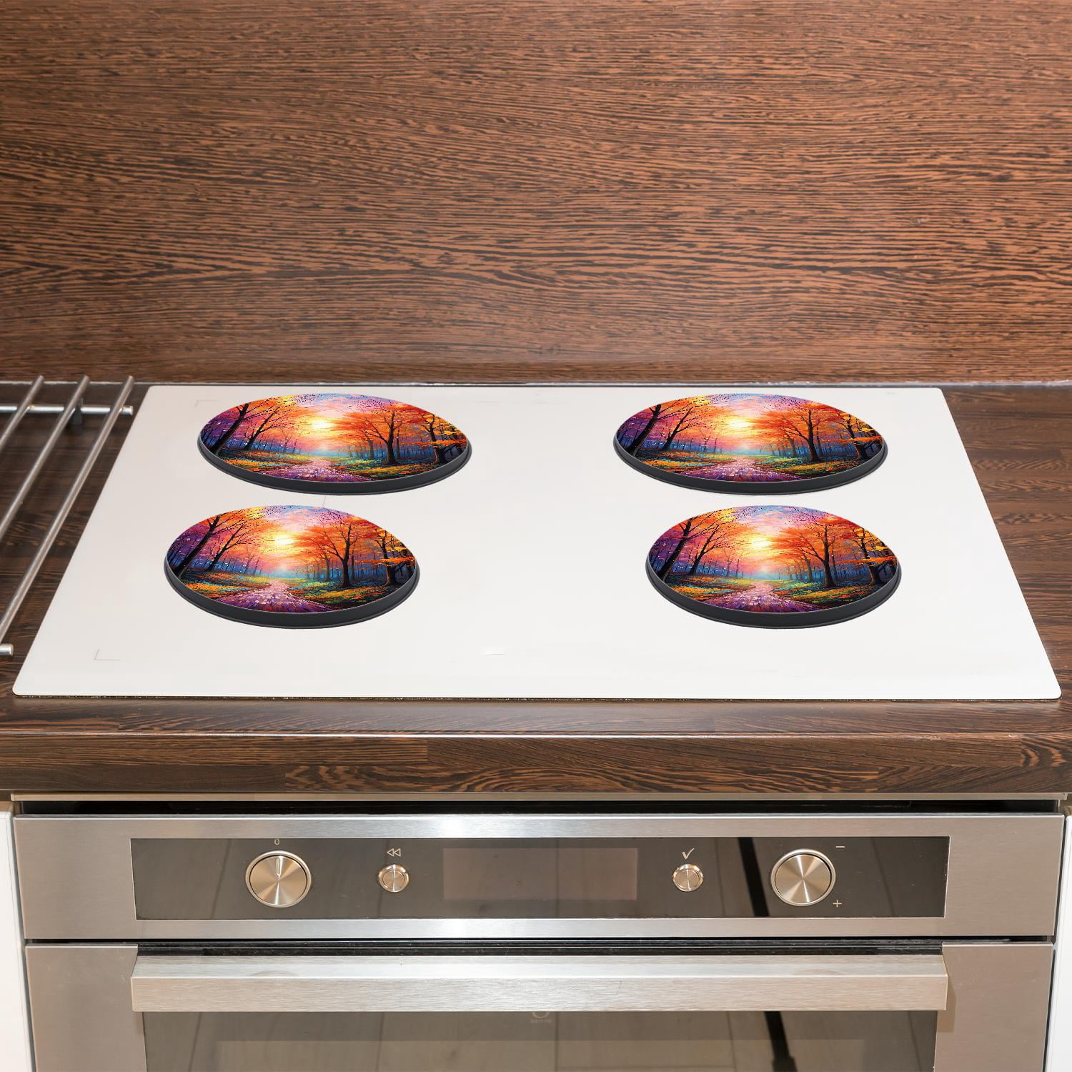 Round Stove Burner Covers 4 Pcs,Autumn Forest Bright Red Leaves Blue Sky Pattern Round Electric Stove Burner Covers 8Inch And 10Inch
