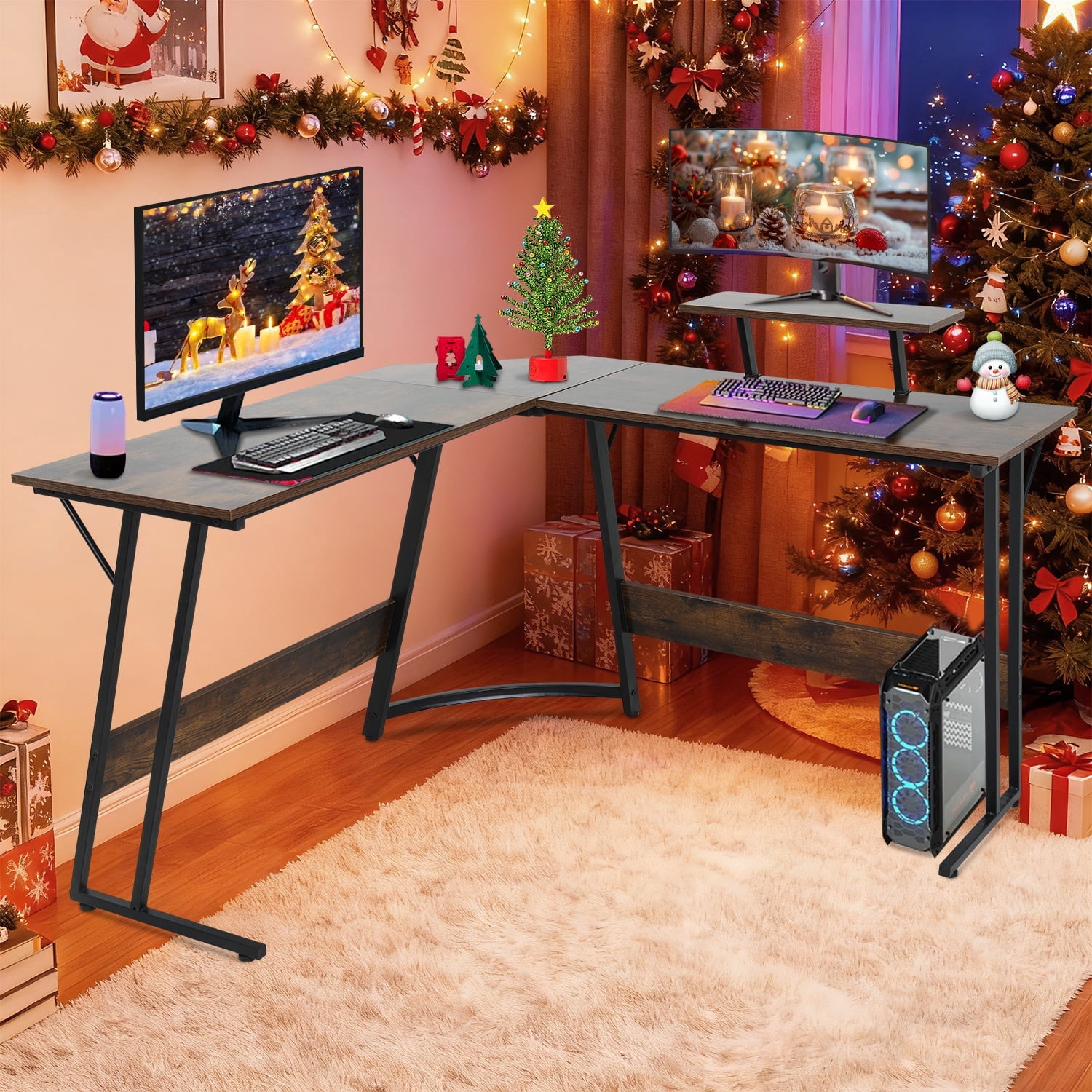 L-Shaped Gaming Desk 50 Inches Corner Computer Desk, Home Office Desk with Large Desktop Gaming Table for Home and Work Place,Brown