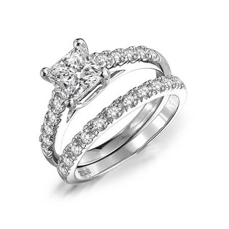 Princess Cut Pave Set - 1 CT Cubic Zirconia Square Princess Cut Solitaire Thin Pave Band AAA CZ Engagement Wedding Ring Set 925 Sterling Silver
