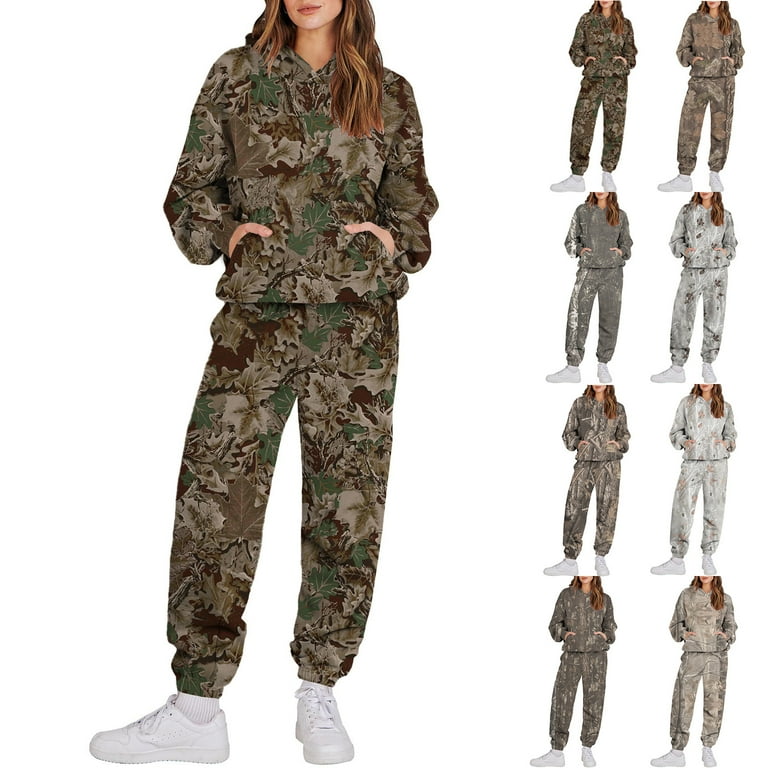Purjkpu Women Camo Hoodie Sweat Suits 2 Piece Set Long Sleeve Crewneck Camo Sweatshirt Wide Leg Sweatpants Two Piece Fall Outfits Maple Leaf Print