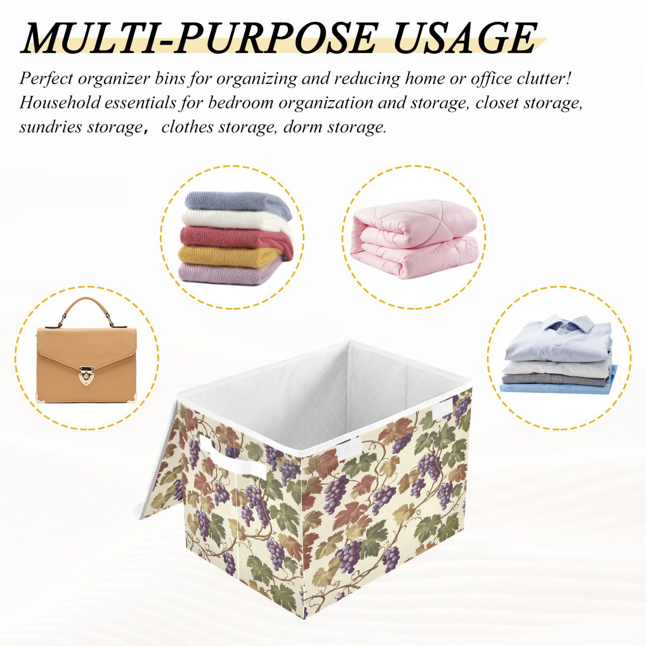 WOBOGO Grape Seamless Picture Large Collapsible Storage Box Flip Lid Fabric Decorative Organizer Container Basket with Handles 16.5×12.6×11.8in