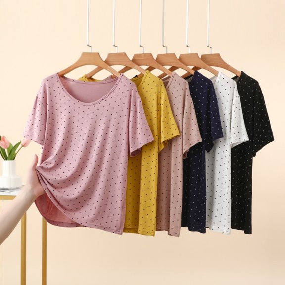 SROBPTY Womens Pajama Top Print Shorts Sleeve Crew Neck Shirts