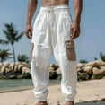 thumbnail image 2 of Levmjia Men's Color Block Cargo Pants 60% Cotton 40% Linen Beach Pants Elastic Drawstring Waist Joggers Loose Fit Ankle Cuff Trousers S-3XL, 2 of 6