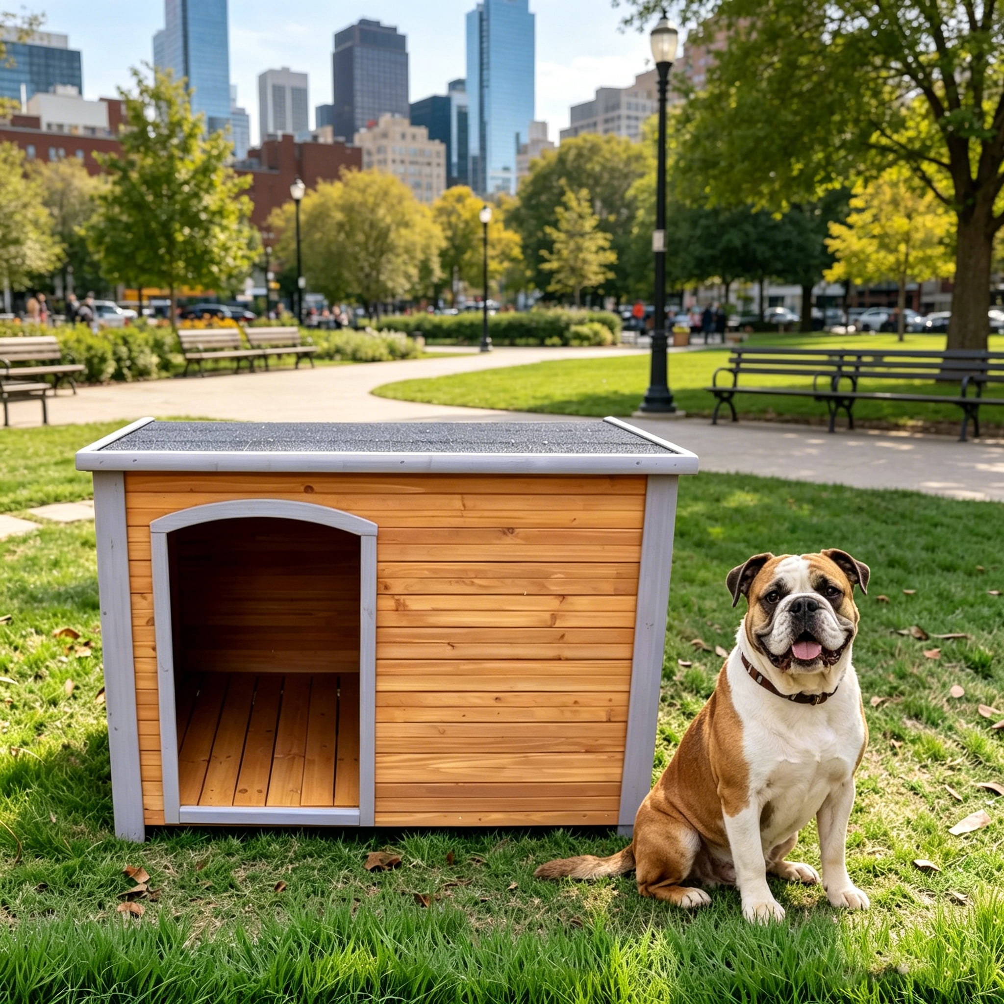 WRXELAN Indoor Outdoor Dog House, Anti-Chewing Iron Frame Dog Kennel, Wood Warm Pets Home, Weatherproof Outside Shelter for Feral Animal, 44.5"L x 31.9"W x 32.7"H, Brown