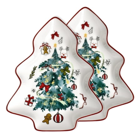 6 Inch Holiday Tree Shape Ceramic Dessert Plates, New Bone Porcelain Christmas Serving Tray Platter Dish with Watercolor Christmas Decoration, for Snack Cookies and Candy, Set of 2, Green Xmas Tree
