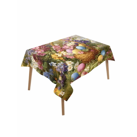 Easter Table Cloth, Waterproof Tablecloth for Rectangle Tables, Spring Watercolor Oil Painting Eggs Wild Flowers Reusable Washable Fabric Table Cover for Restaurant Kitchen Dining Tables 52"x70"