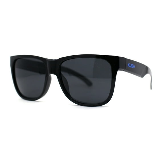 Kush Mens Classic Sport Horn Rim Plastic All Black Sunglasses Blue Logo