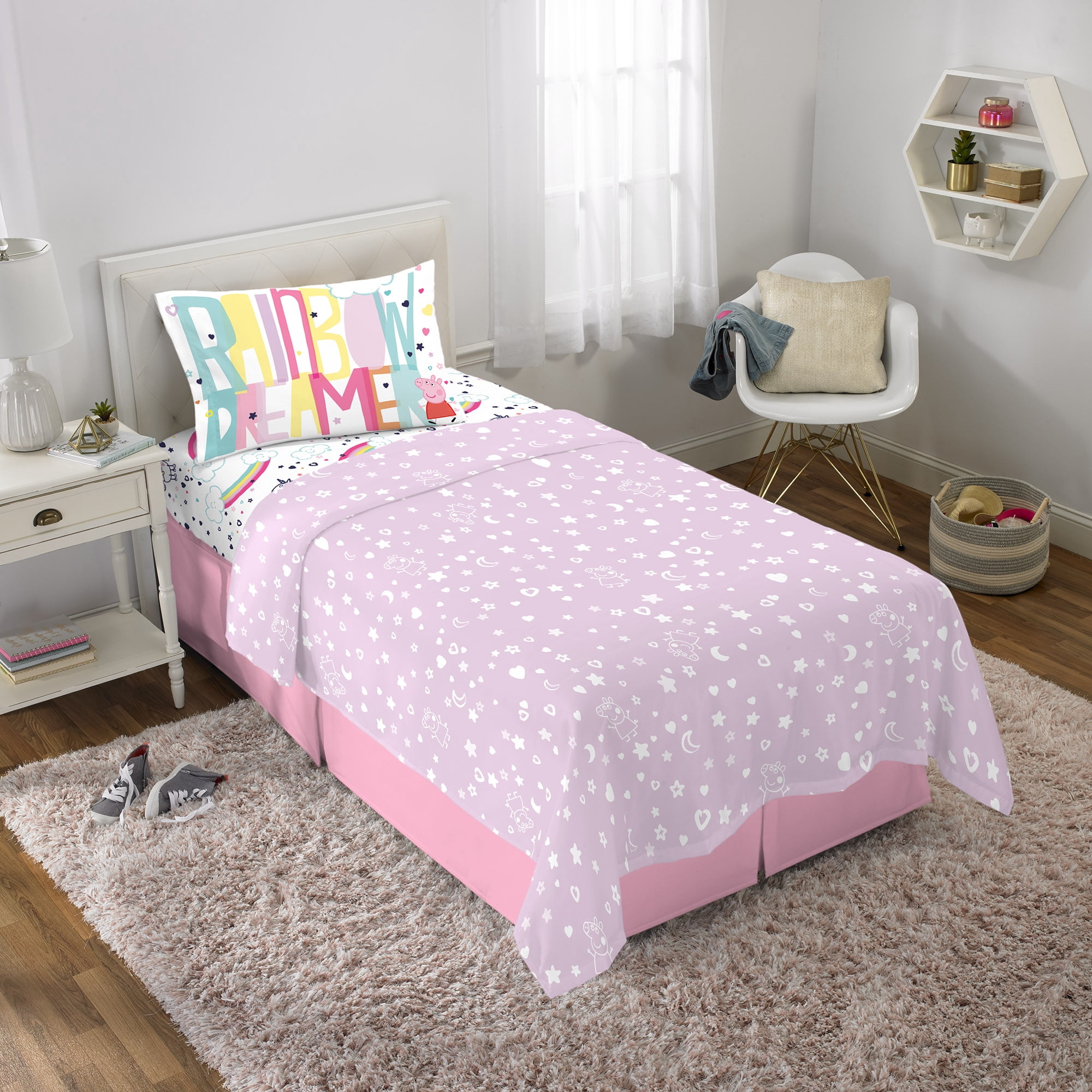 Peppa Pig Kids Twin Sheet Set, Pink and White