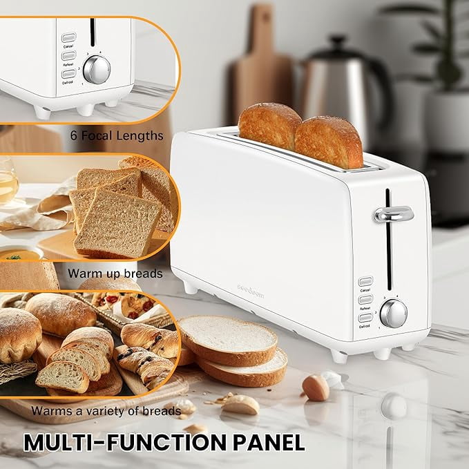 2 Toasters, Stainless Steel Slim Toasters, with Defrosting And Reheating Functions, 5 Bread Types And 6 Tone Settings, 2 Wide Slots Of 1.5-inch Toasters