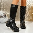 thumbnail image 2 of Womens Fall Platform Mid Calf Work Boots Winter Buckles Square Toe Chunky Heels Knee High Motorcycle Riding Tall Boots, 2 of 6