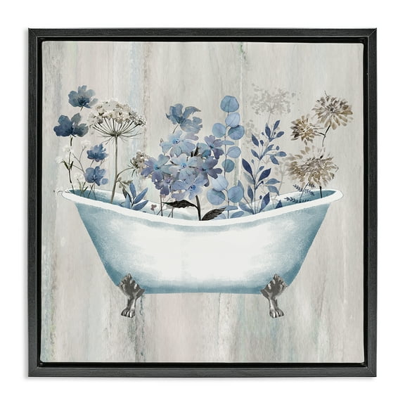 Stupell Industries Rustic Blue Floral Tub Bath & Laundry Painting Black Floater Framed Canvas Art Print Wall Art, 18 x 18