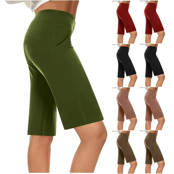 Jacenvly New Home Shorts Women Casual Loose Elastic Waist Wide Leg Shorts with Pockets Middle Pants Soft Satiny High Waist Swim Shorts for Women Brown