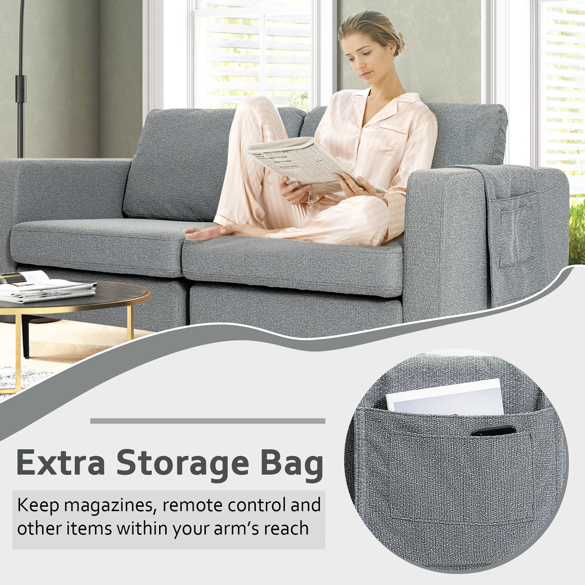 Costway Modern Loveseat Linen Fabric 2-Seat Sofa Couch w/ Side Storage Pocket Dark Grey
