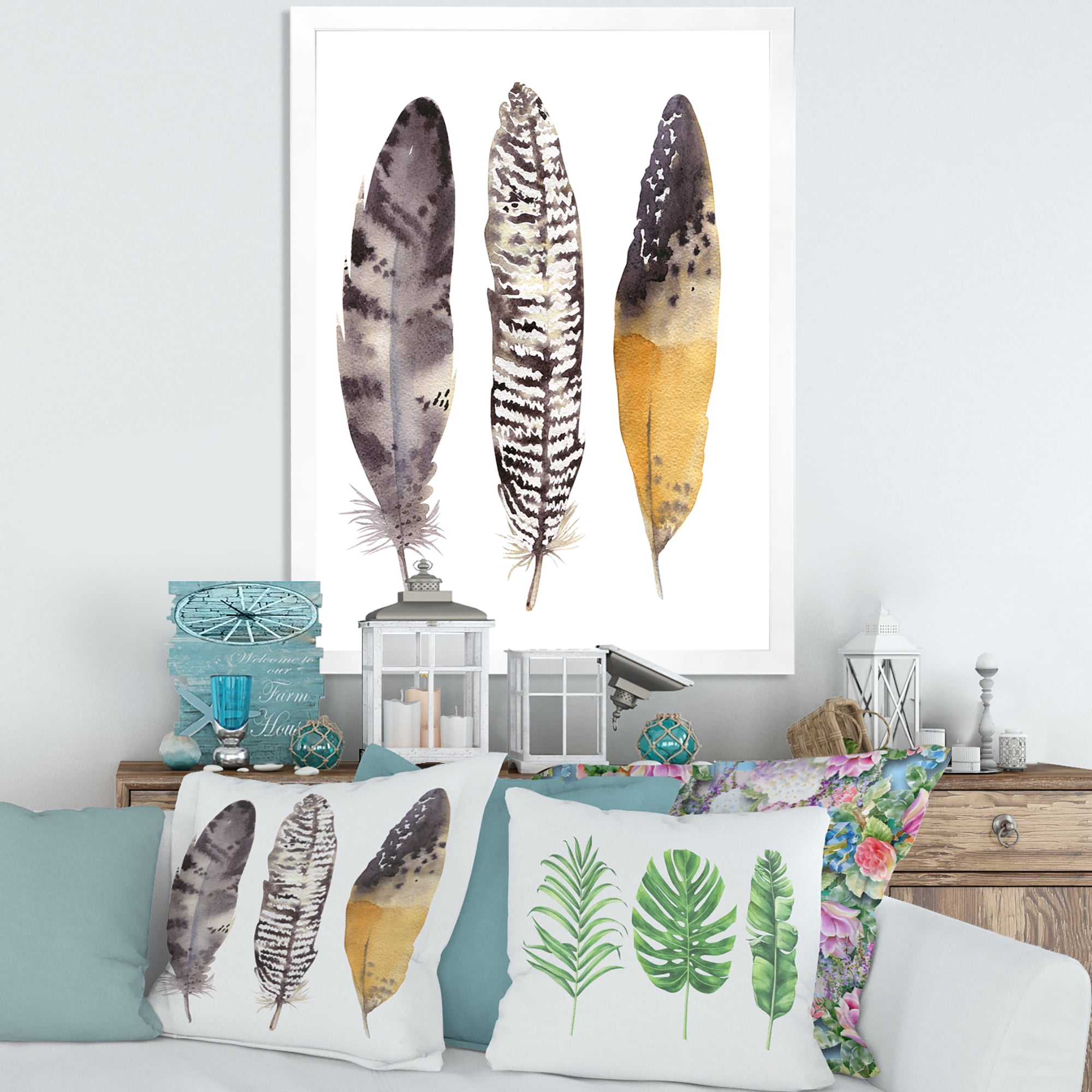 Designart 'Boho Ethnic Art Dark Gray Feathers III' Bohemian & Eclectic Framed Art Print