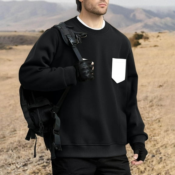 Hipattires Pocket Shirts for Men Long Sleeve Sweatshirts Pullover Crew Neck Big and Tall , Solid Color Mens Shirts Spring/Winter