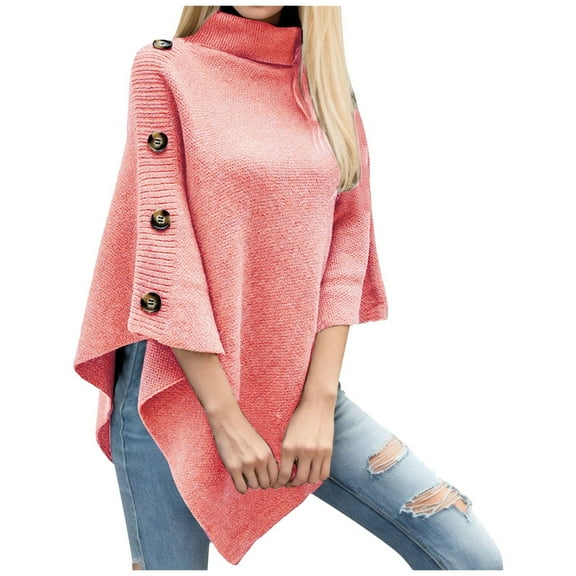 Women's Sweaters Fall Clothes Women Solid Color Turtleneck Knitted Cape Sweater Poncho Cardigan Coat