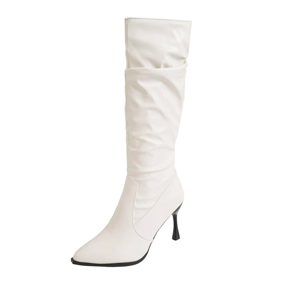 hopeusnice Ruched Knee High Boot Pointed Toe Heel Leather Upper Fashion Party Boot Beige 35