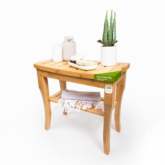 DECOMIL - Banc de Douche en Bambou 19â€, Chaise de Douche de Salle de Bain avec Tablette de Rangement / Pieds Antidérapants et Banc de Bain Imperméable / Parfait pour une Utilisation Intérieure et Extérieure