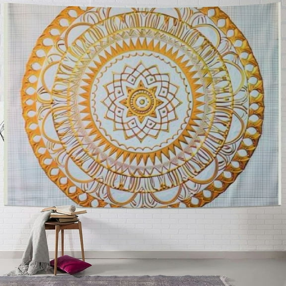 PRATYUS Small Mandala Tapestry for Bedroom and Living Room Decor Boho Bohemian Wall Hanging Tapestries Golden and White Ombre 40x30inch