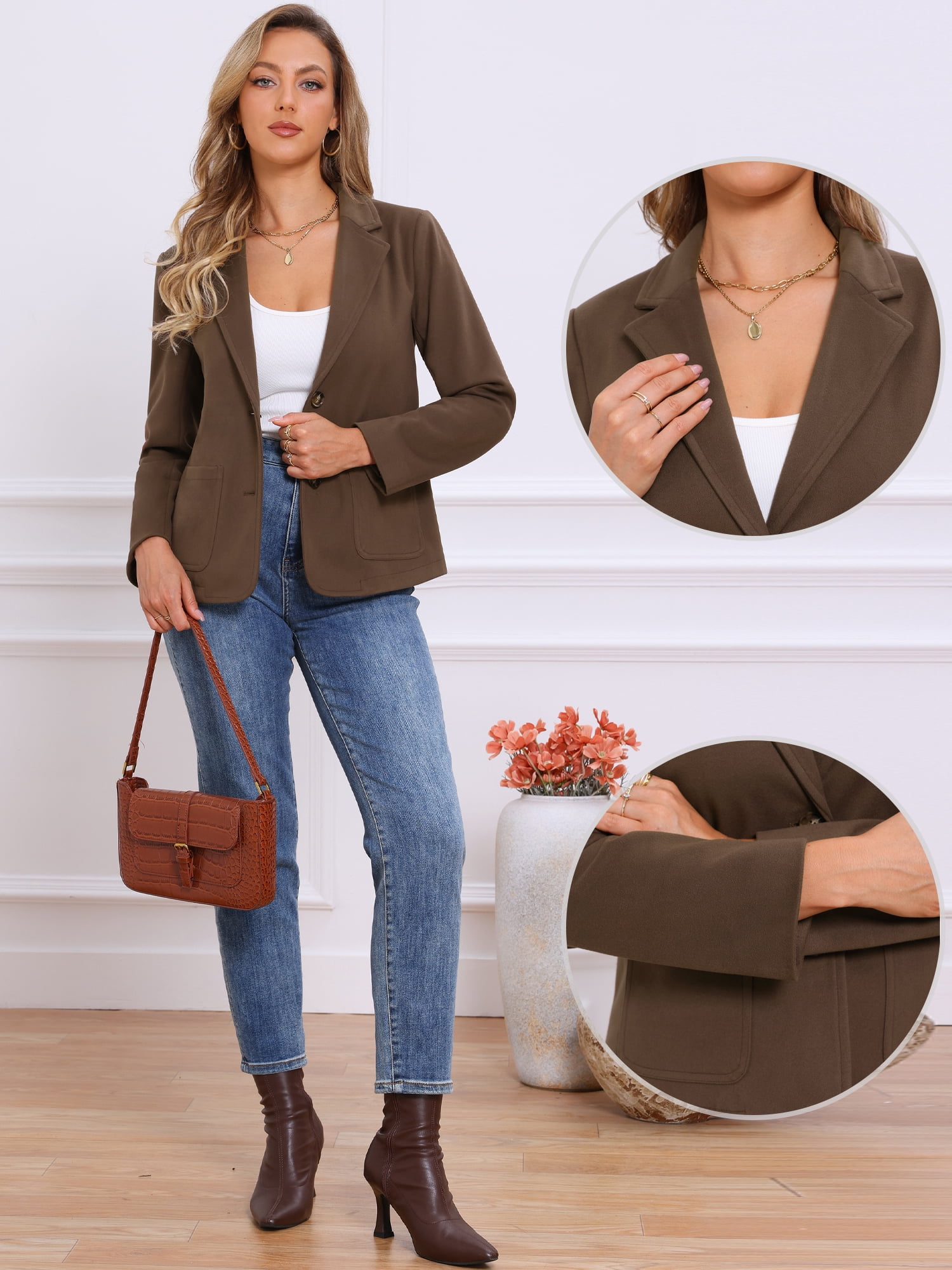 DARING DIVA Women's Notched Lapel Long Sleeve Work Blazer with Pocket S Brown