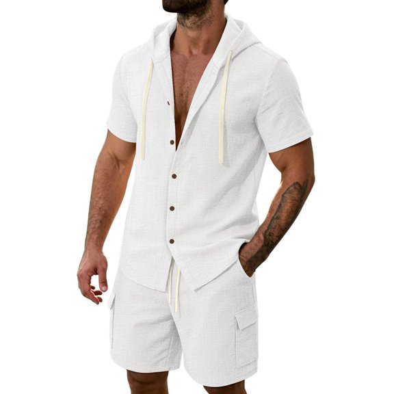 StSilkitty Men's 2 Piece Outfits Solid Color Short Sleeve Button down Hooded Shirts and Shorts Set Lightweight Soft Casual Outfit