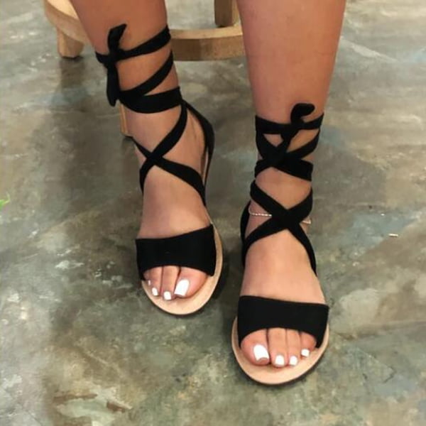 Black lace sandals flat best sale