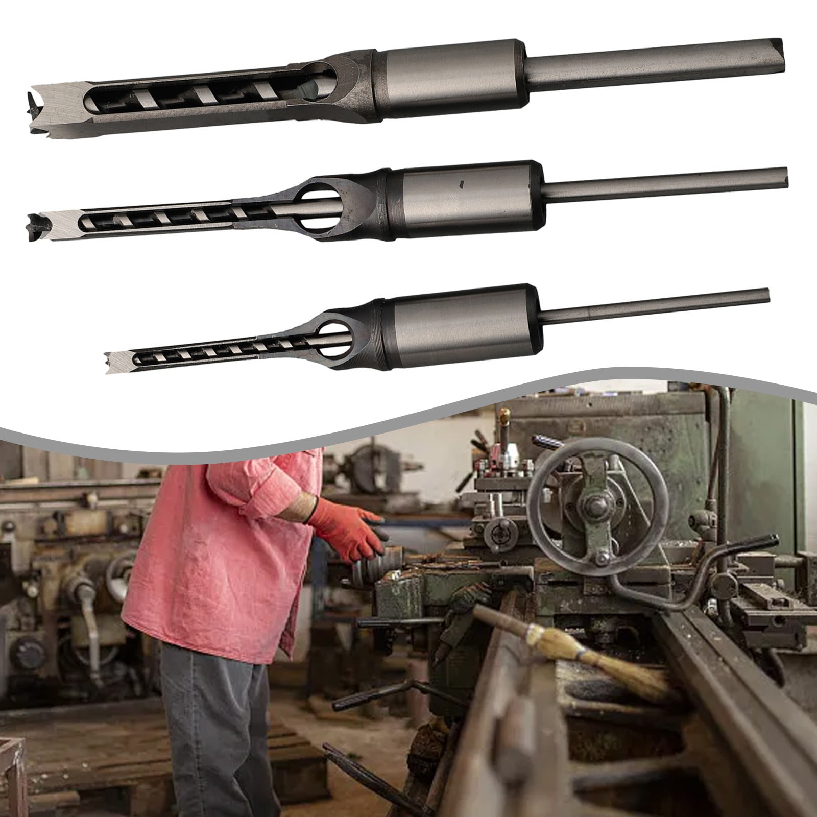 3Pcs Square Hole Auger Drill Bit Set Mortising Woodworking Saw Mortise Chisel
