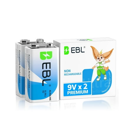 EBL 2 Pack 6LR61 Alkaline Batteries, 9 Volts Batteries (Non-Rechargeable)