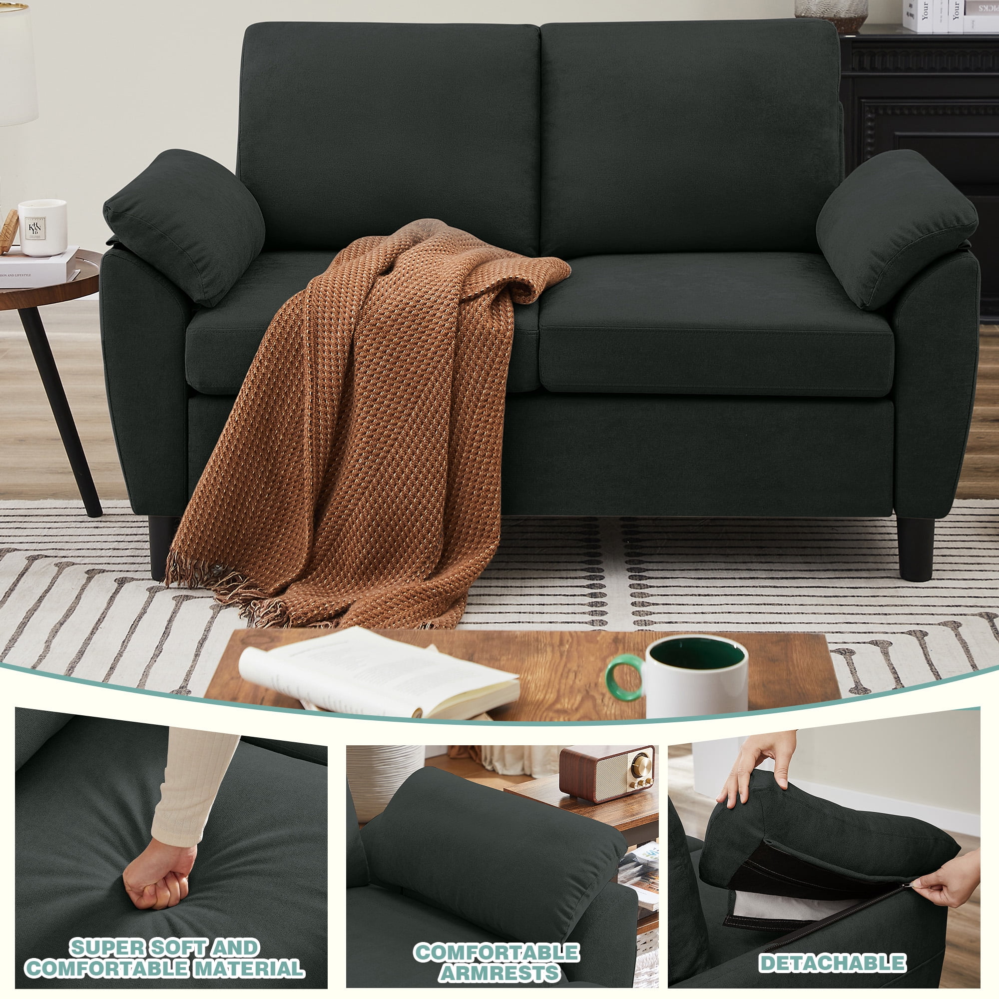 Jarenie Chireca 4 Piece Convertible Sectional Sofa Set, Modern Linen Small L Shaped Couch with Reversible Chaise, 3-Seater Sofa & Loveseat & Armchair for Living Room, Office, Apartment, Black
