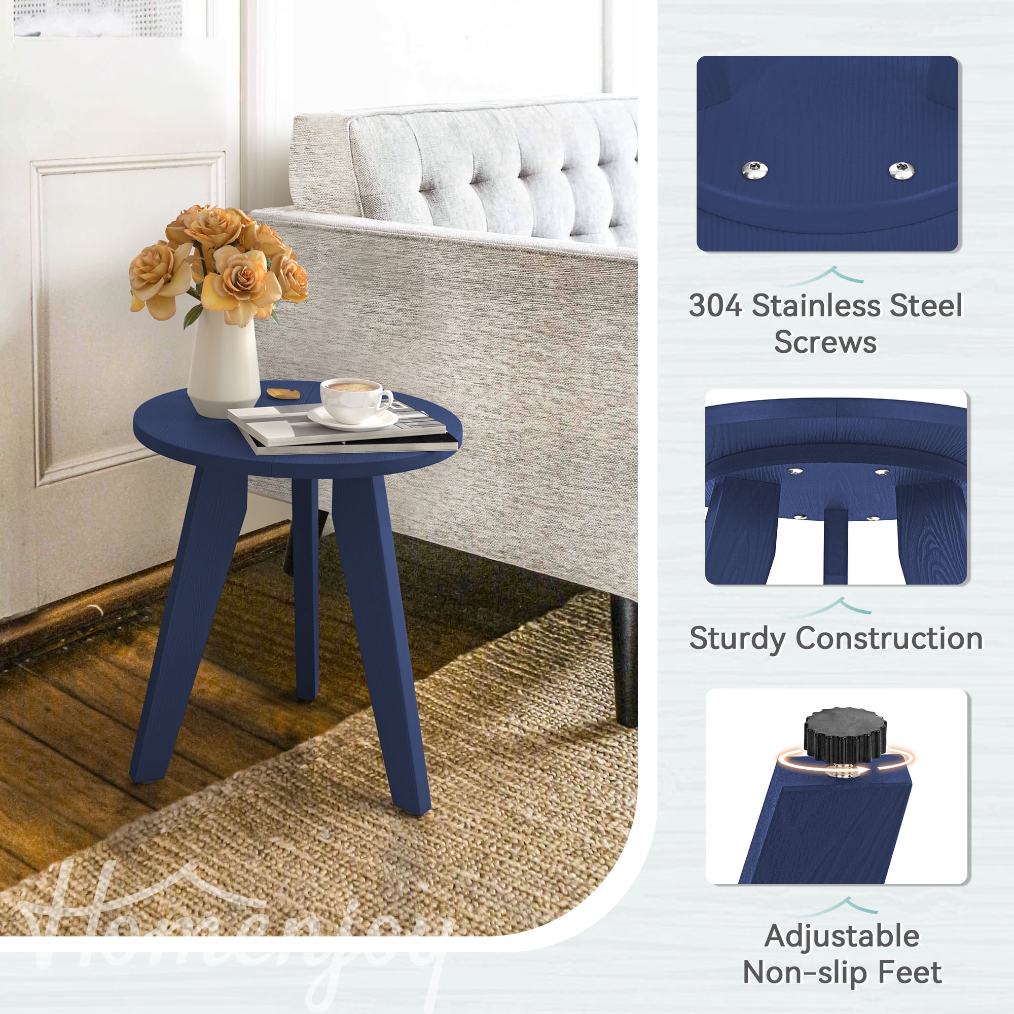 Dycanpo Outdoor Side Table for Patio, Small Round End Table Weather-Resistant for Living Room, Bedroom, Navy