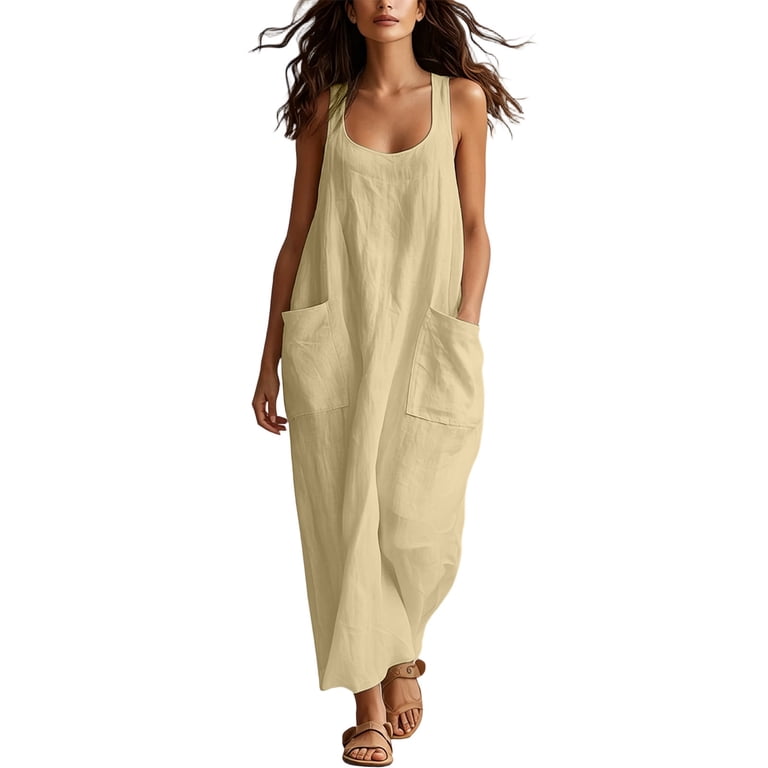 100 cotton dresses women Qulqfy Sleeveless Dresses for Women Wedding Guest 100% Cotton Maxi Solid Casual Pleat Swing Flowy Button Down Asymmetric Neckline Sundress, Women's,