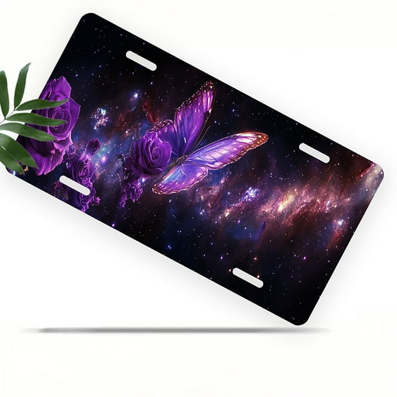 License Plate, Butterfly in Cosmic Roses Decorative Front,Personalized Stainless Steel License Plate Cover For Men Women,12.2" X 6.2"