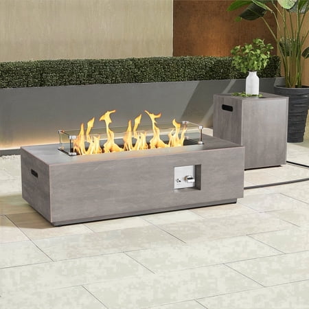 Vornel 42" Rectangular Propane Fire Pit Table 50,000 BTU Fireplace Table with Wind Guard(Light Brown)