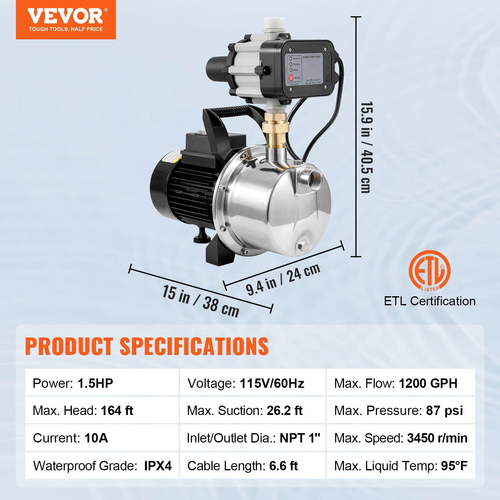 VEVORShallow Well Pump, 1.5 HP 115V, 1200 GPH 164 ft Head, Max 87 psi, Portable Stainless Steel Sprinkler Booster Jet Pumps with Automatic Controller for Garden Lawn Irrigation system, Water Transfer