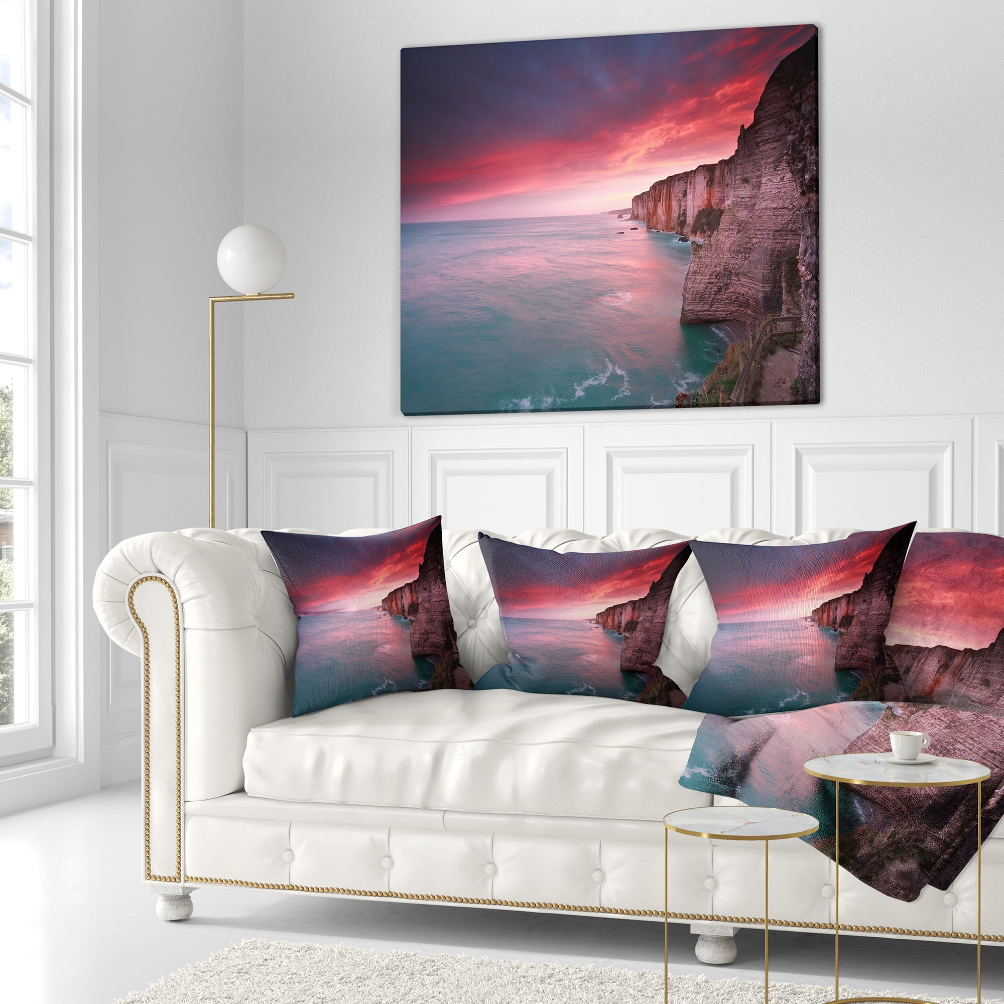 Designart Dramatic Sunrise over Sea and Cliffs - Beach Photo Throw Pillow - 18x18