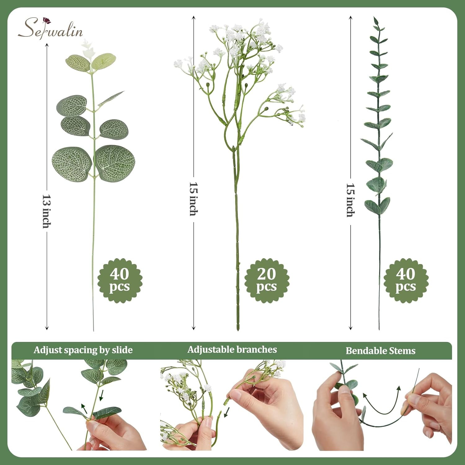 Januofit 100 Pcs Mixed Artificial Eucalyptus Stems,Babys Breath Artificial Flowers Bulk with Faux Eucalyptus Leaves Greenery Stems for Wedding DIY Bouquets Floral Arrangement Home Decor