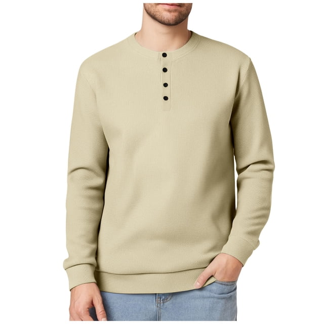 UAMVSH Men's 1/4 Button Sweatshirts Soft Fall Long Sleeve Pullover Knitted Sweaters Crew Neck Casual Thermal Solid Color Tops(Medium,Beige)