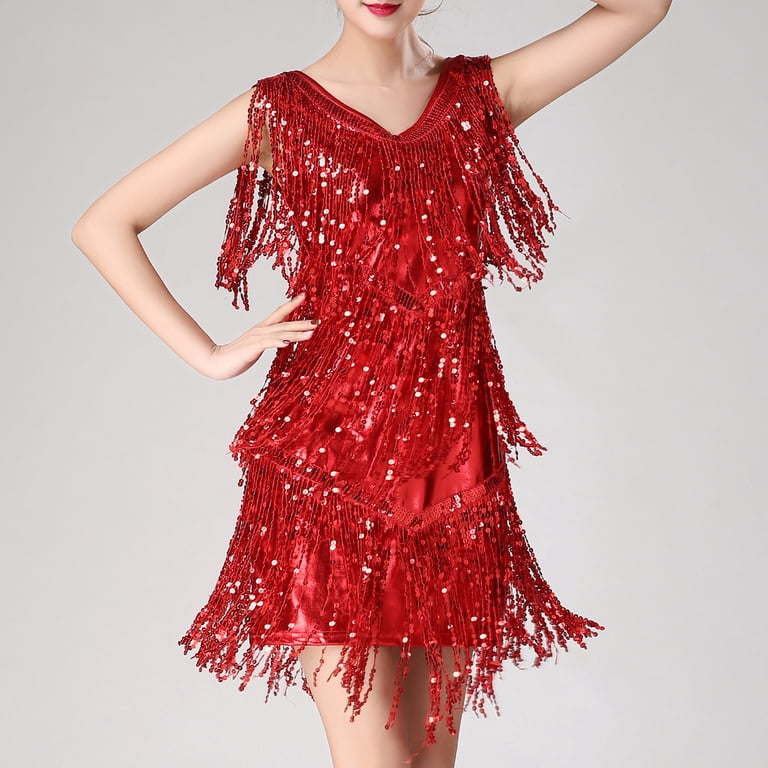 safuny Women's Mini Bodycon Dress Party Solid Shiny Sequins Tassels  Sleeveless Elegant Slim Evening Prom Holiday Scoop Neck Trendy Dresses Red  M - Walmart.com
