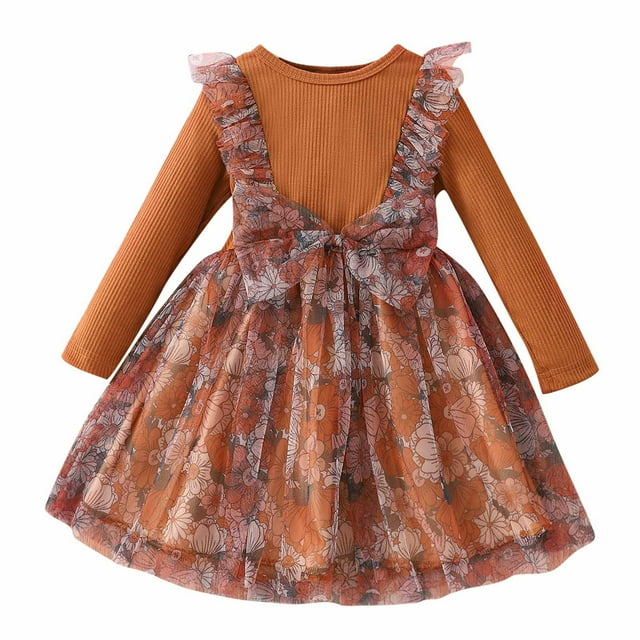 Vestido Para Niñas, Ropa Para Niñas Pequeñas, Primavera Otoño, Vestido De Manga Larga Con Lazo De Malla De Flores Para Niños Pequeños, Vestido De Princesa Marrón Odeerbi LM103-7391