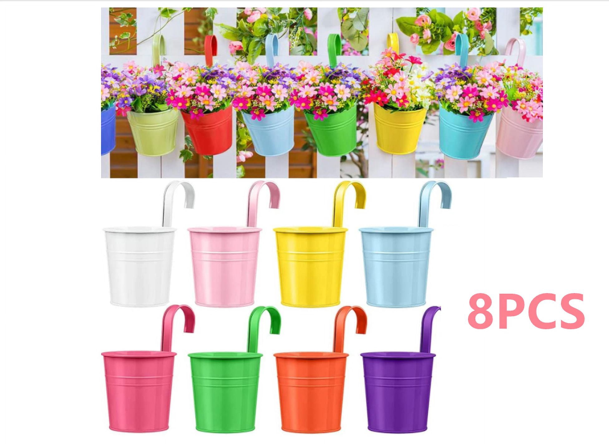 Hanging Pots for Plants, Hanging Flower Pots, 8 Pcs Iron Garden Pots Balcony Planters,3.94'' Outdoor Hanging Planters, Metal Bucket Flower Holders - Detachable Hook (Random Color)