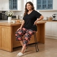 thumbnail image 7 of UNEEI Plus Size Pajamas Set for Women,2 Piece Loungewear Set Floral Sleepwear for Spring Summer Fall,Soft Lightweigh V Neck Short Sleeve Top and Capri Pants, 3XL Black, 7 of 7