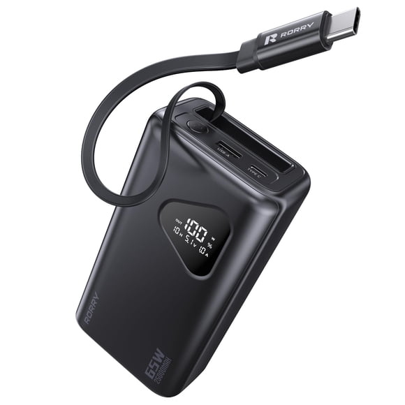 Power Bank RORRY 25000 mAh 65 W con cables retráctiles, color negro