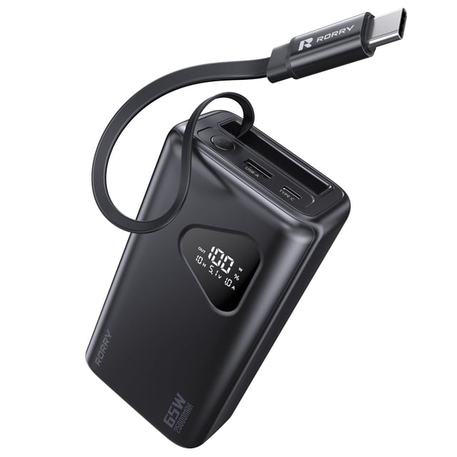 Power Bank RORRY 25000 mAh 65 W con cables retráctiles, color negro