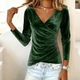 thumbnail image 4 of HAPIMO Womens Velvet Tops Ruched Wrap V Neck Stretch Slim Shirts Elegant Party Shirts Casual Long Sleeve Blouses Army Green L, 4 of 7